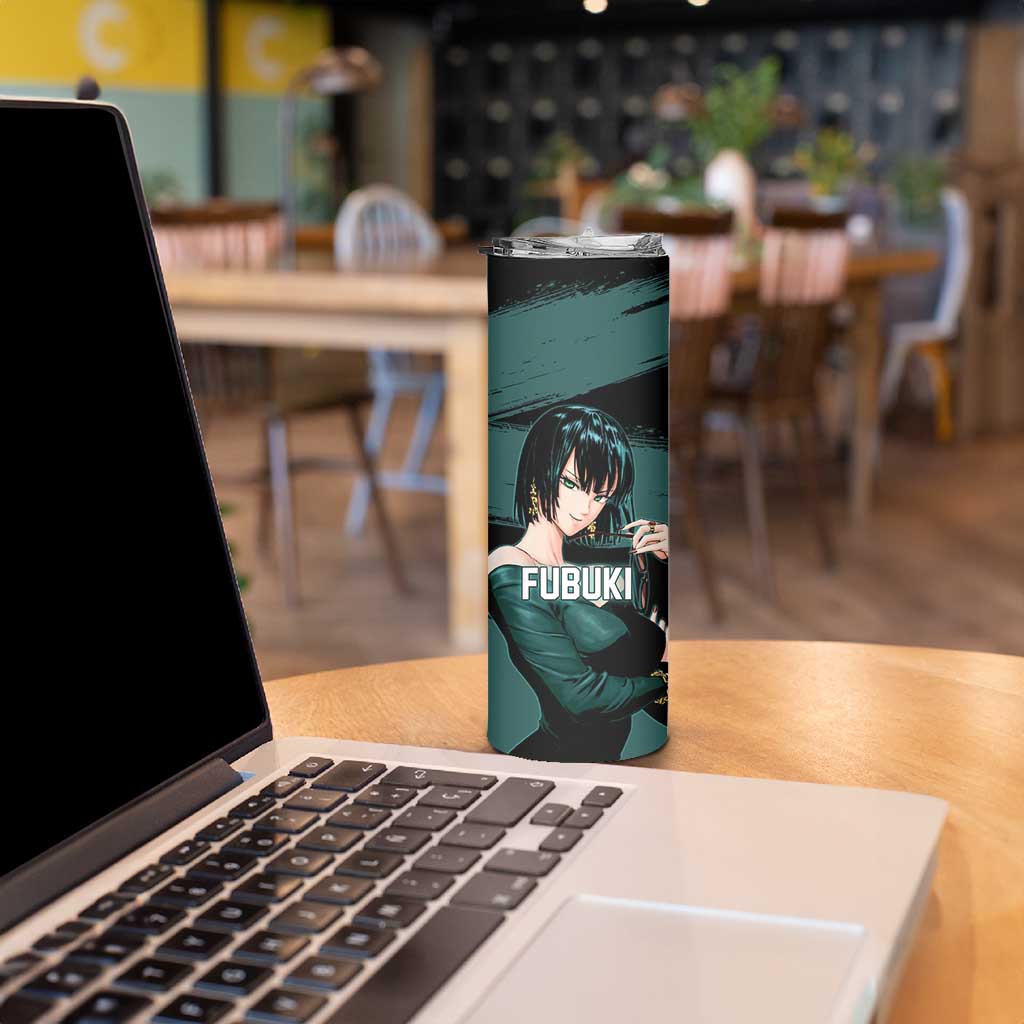 Fubuki One Punch Man Anime Teal and Black Theme Skinny Tumbler with Elegant Psychic Pose and Cool Urban Style - The Mazicc