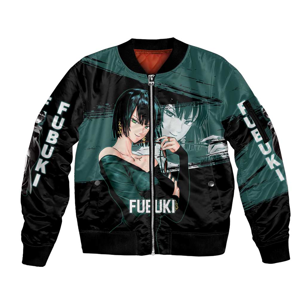 Fubuki One Punch Man Anime Teal and Black Theme Sleeve Zip Bomber Jacket with Elegant Psychic Pose and Cool Urban Style - The Mazicc