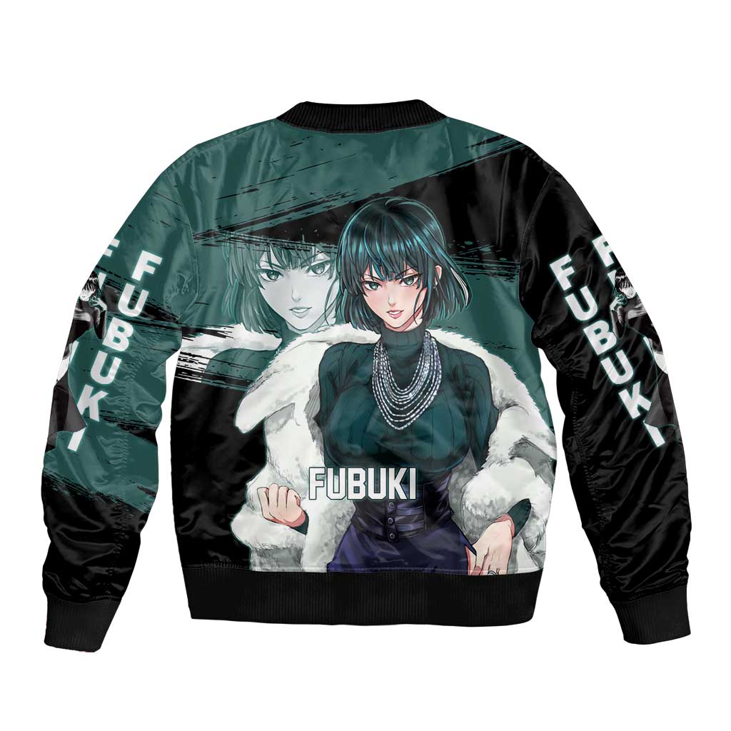 Fubuki One Punch Man Anime Teal and Black Theme Sleeve Zip Bomber Jacket with Elegant Psychic Pose and Cool Urban Style - The Mazicc