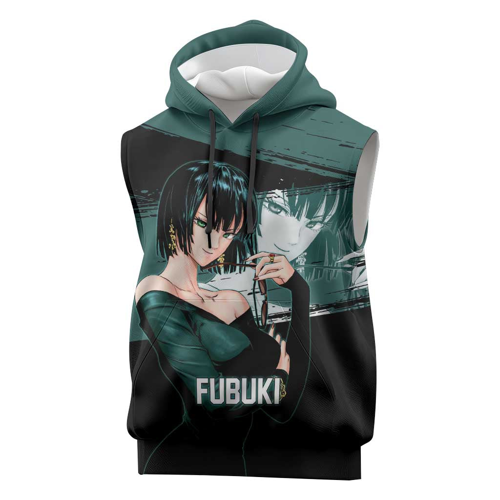 Fubuki One Punch Man Anime Teal and Black Theme Sleeveless Hoodie with Elegant Psychic Pose and Cool Urban Style - The Mazicc