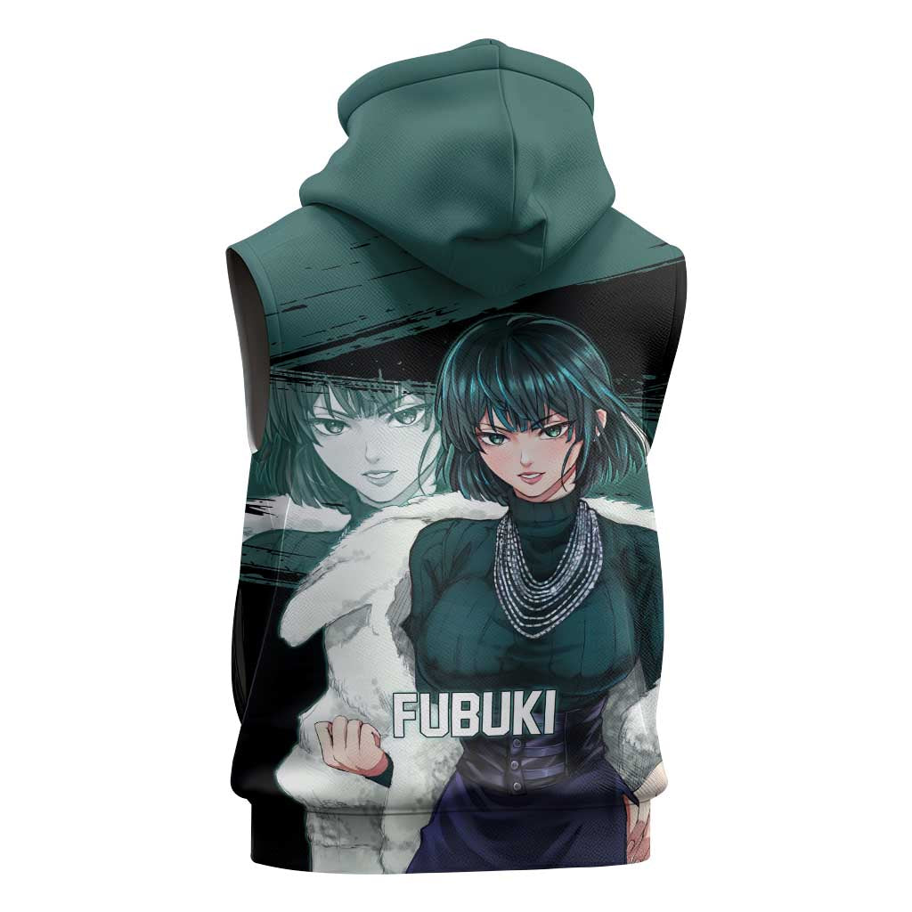 Fubuki One Punch Man Anime Teal and Black Theme Sleeveless Hoodie with Elegant Psychic Pose and Cool Urban Style - The Mazicc