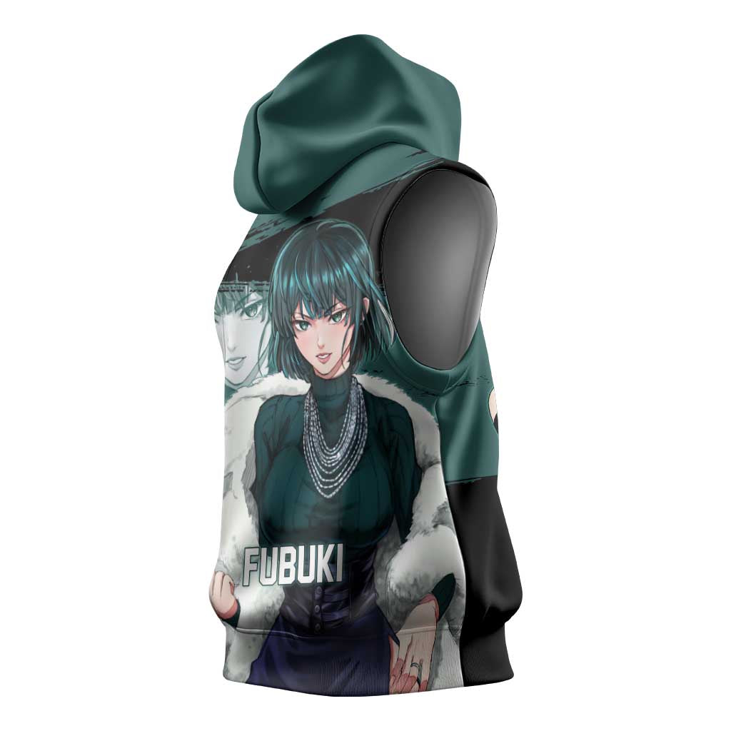 Fubuki One Punch Man Anime Teal and Black Theme Sleeveless Hoodie with Elegant Psychic Pose and Cool Urban Style - The Mazicc