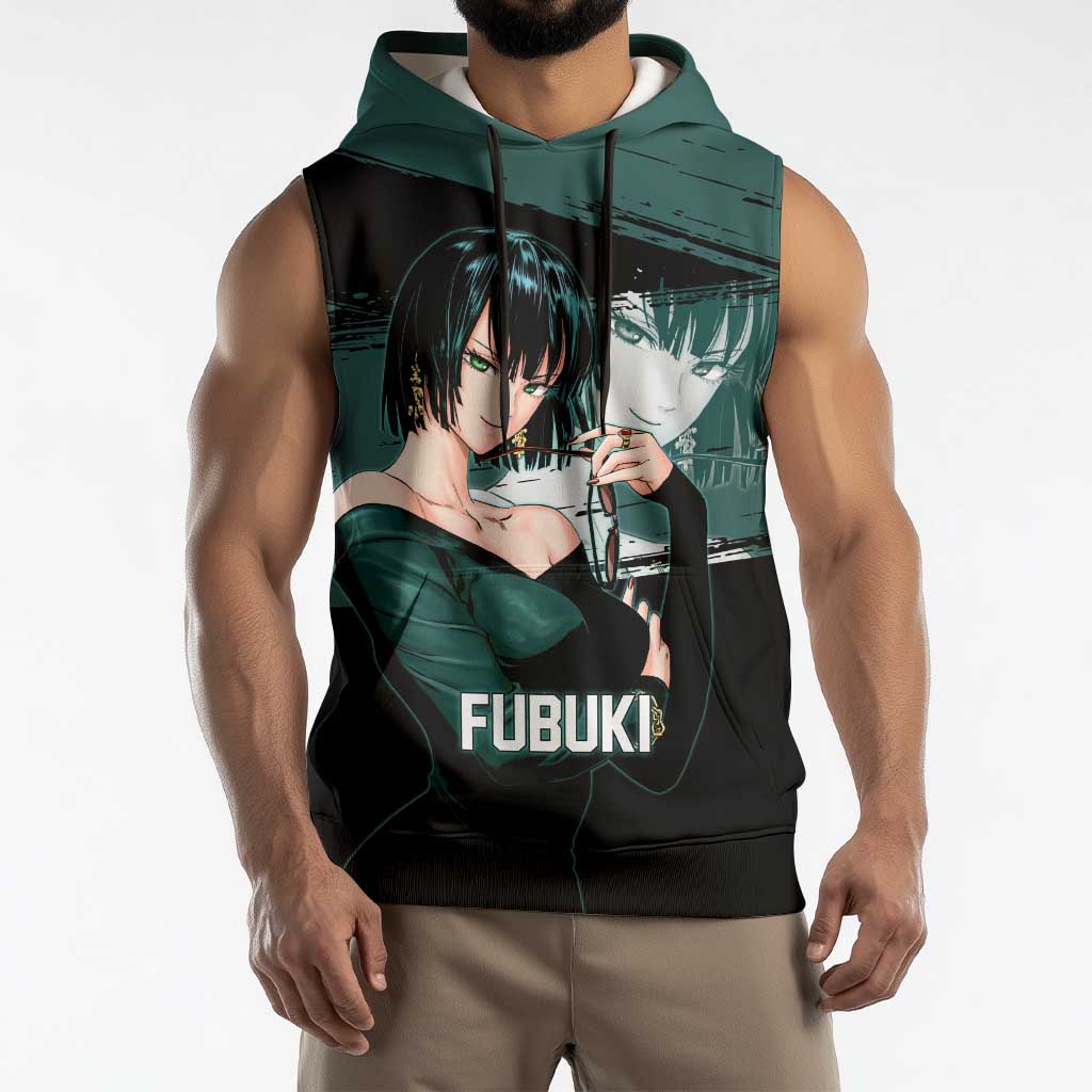 Fubuki One Punch Man Anime Teal and Black Theme Sleeveless Hoodie with Elegant Psychic Pose and Cool Urban Style - The Mazicc