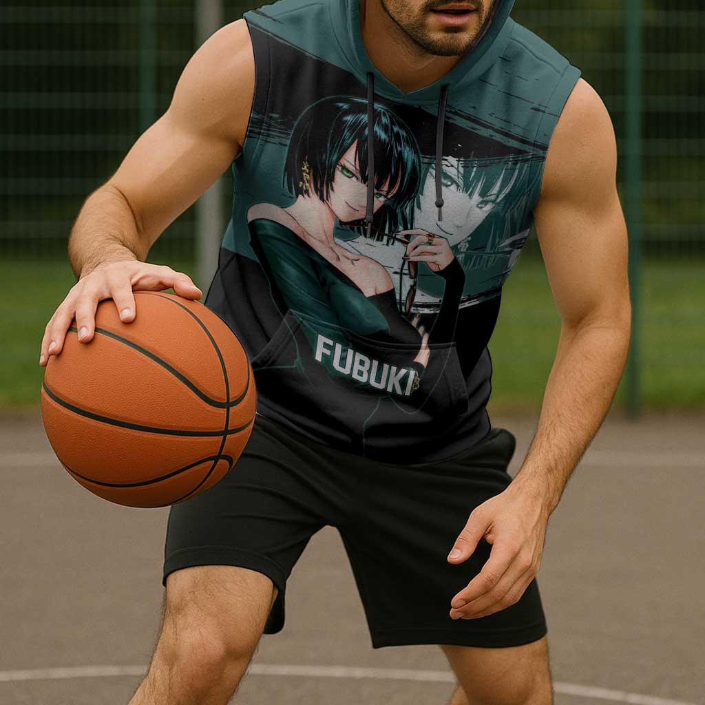 Fubuki One Punch Man Anime Teal and Black Theme Sleeveless Hoodie with Elegant Psychic Pose and Cool Urban Style - The Mazicc