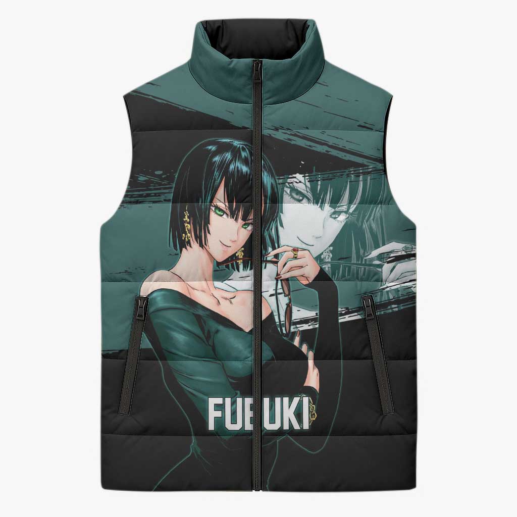 Fubuki One Punch Man Anime Teal and Black Theme Sleeveless Puffer Jacket with Elegant Psychic Pose and Cool Urban Style - The Mazicc