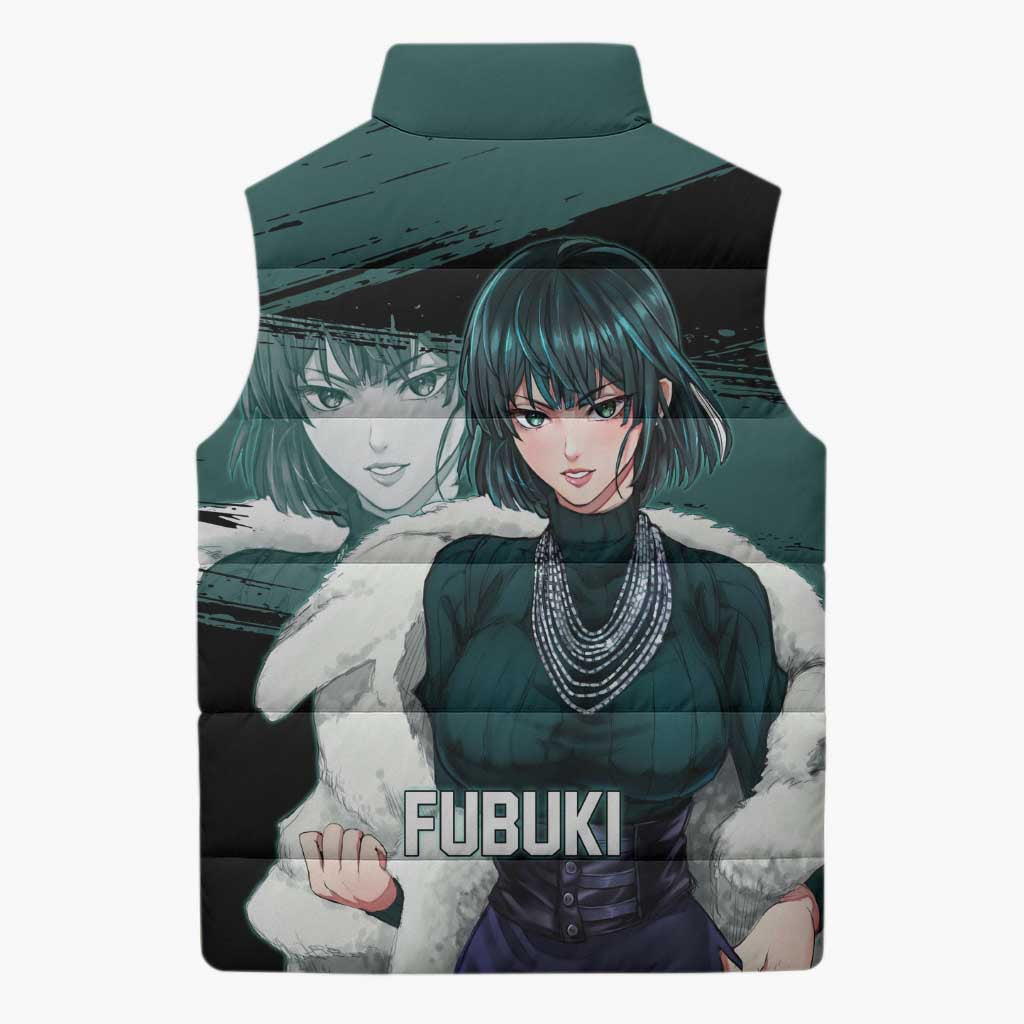Fubuki One Punch Man Anime Teal and Black Theme Sleeveless Puffer Jacket with Elegant Psychic Pose and Cool Urban Style - The Mazicc
