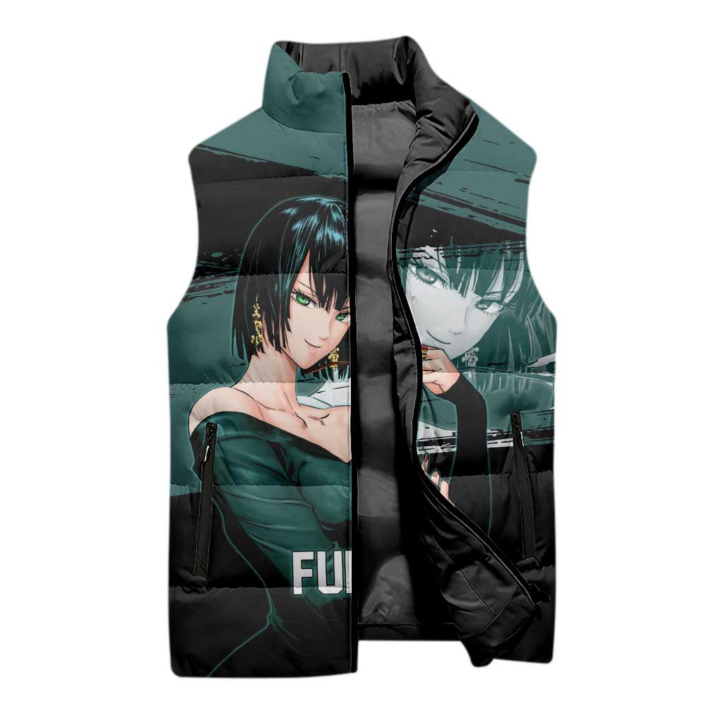 Fubuki One Punch Man Anime Teal and Black Theme Sleeveless Puffer Jacket with Elegant Psychic Pose and Cool Urban Style - The Mazicc