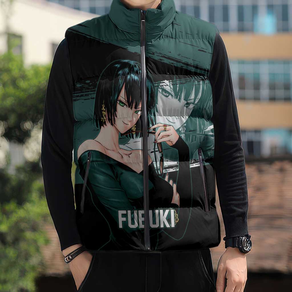 Fubuki One Punch Man Anime Teal and Black Theme Sleeveless Puffer Jacket with Elegant Psychic Pose and Cool Urban Style - The Mazicc