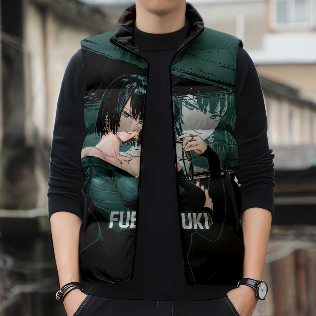 Fubuki One Punch Man Anime Teal and Black Theme Sleeveless Puffer Jacket with Elegant Psychic Pose and Cool Urban Style - The Mazicc