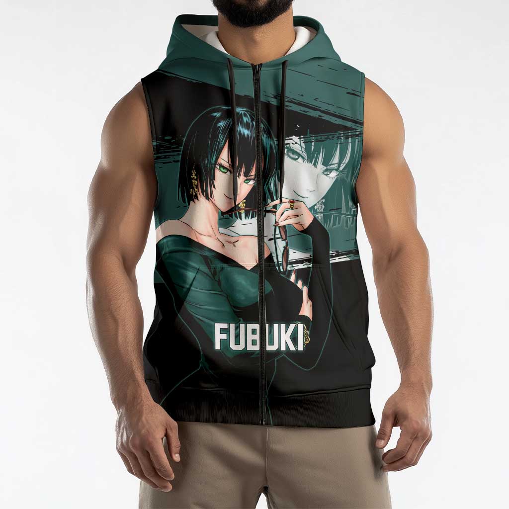 Fubuki One Punch Man Anime Teal and Black Theme Sleeveless Zip Hoodie with Elegant Psychic Pose and Cool Urban Style - The Mazicc
