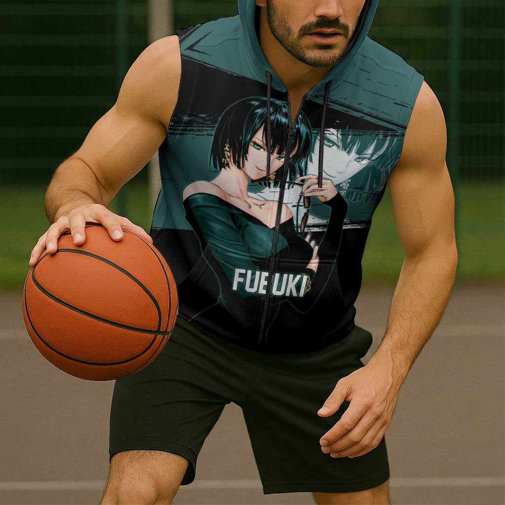 Fubuki One Punch Man Anime Teal and Black Theme Sleeveless Zip Hoodie with Elegant Psychic Pose and Cool Urban Style - The Mazicc