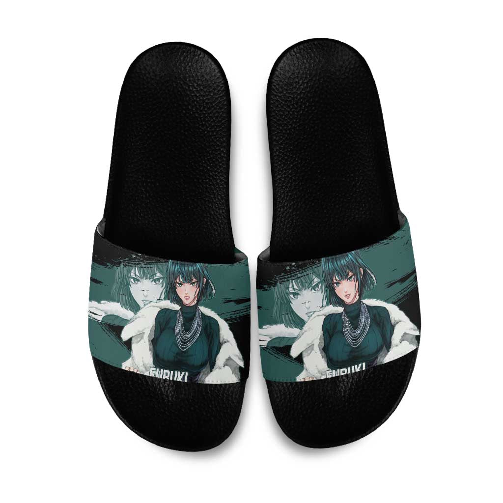 Fubuki One Punch Man Anime Teal and Black Theme Slide Sandals with Elegant Psychic Pose and Cool Urban Style - The Mazicc