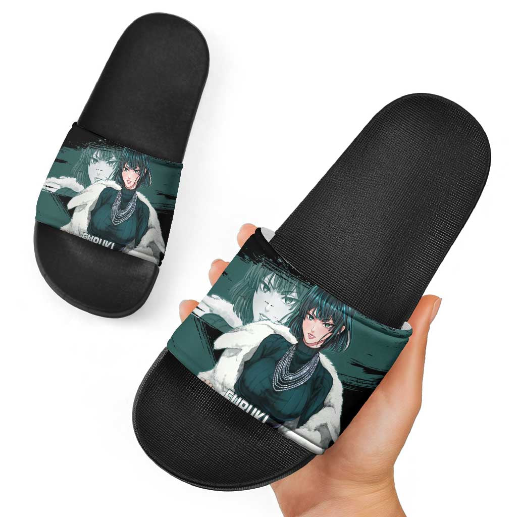Fubuki One Punch Man Anime Teal and Black Theme Slide Sandals with Elegant Psychic Pose and Cool Urban Style - The Mazicc