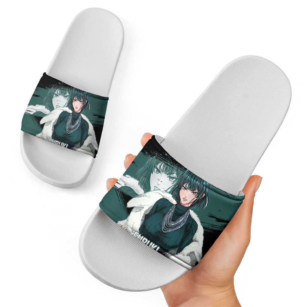 Fubuki One Punch Man Anime Teal and Black Theme Slide Sandals with Elegant Psychic Pose and Cool Urban Style - The Mazicc