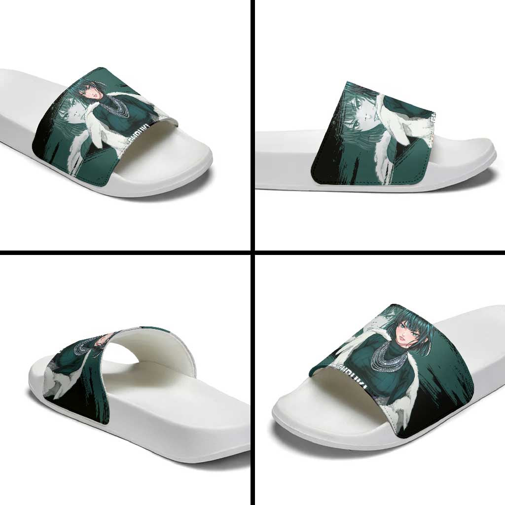 Fubuki One Punch Man Anime Teal and Black Theme Slide Sandals with Elegant Psychic Pose and Cool Urban Style - The Mazicc