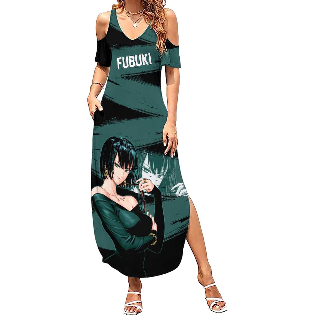 Fubuki One Punch Man Anime Teal and Black Theme Summer Maxi Dress with Elegant Psychic Pose and Cool Urban Style - The Mazicc