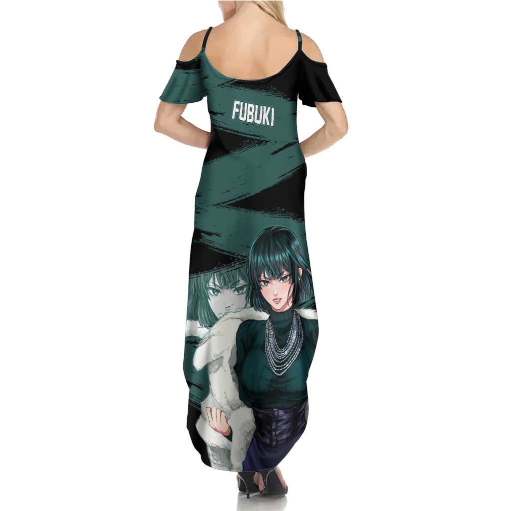 Fubuki One Punch Man Anime Teal and Black Theme Summer Maxi Dress with Elegant Psychic Pose and Cool Urban Style - The Mazicc