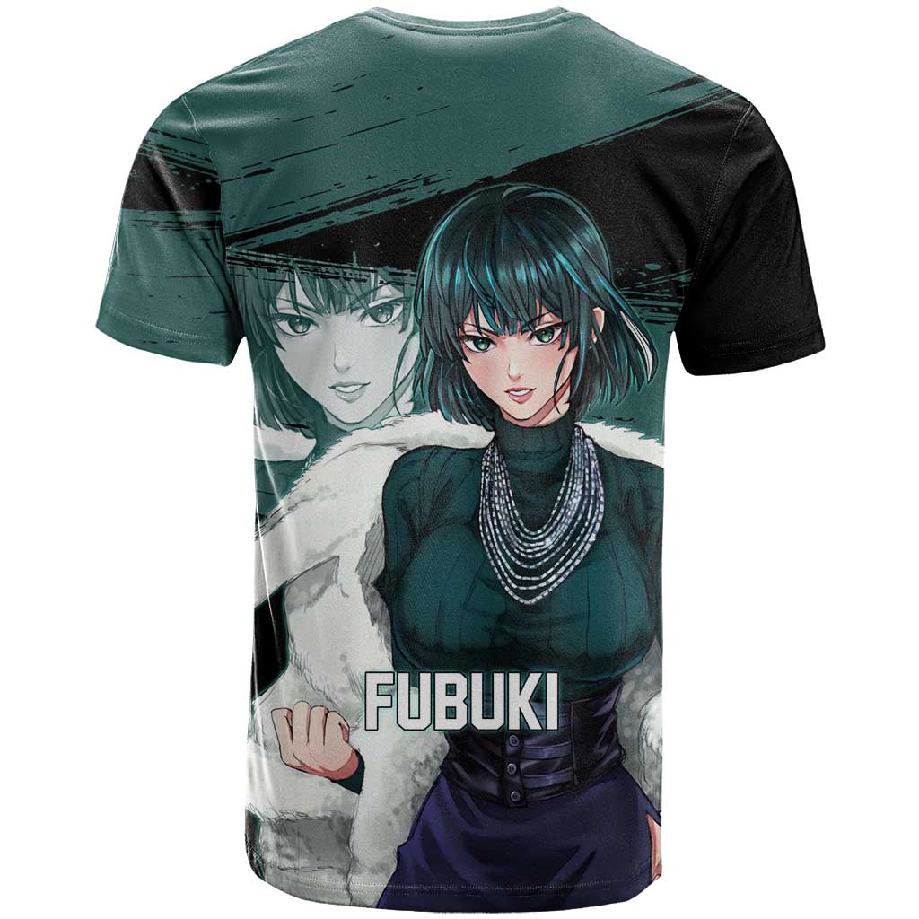 Fubuki One Punch Man Anime Teal and Black Theme T Shirt with Elegant Psychic Pose and Cool Urban Style - The Mazicc