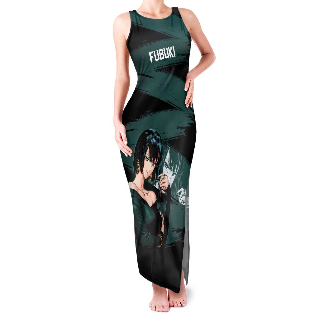 Fubuki One Punch Man Anime Teal and Black Theme Tank Maxi Dress with Elegant Psychic Pose and Cool Urban Style - The Mazicc