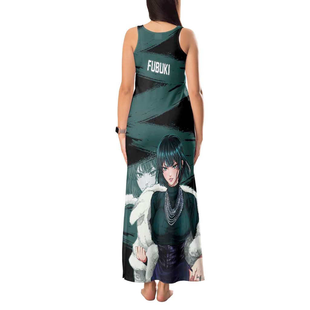 Fubuki One Punch Man Anime Teal and Black Theme Tank Maxi Dress with Elegant Psychic Pose and Cool Urban Style - The Mazicc
