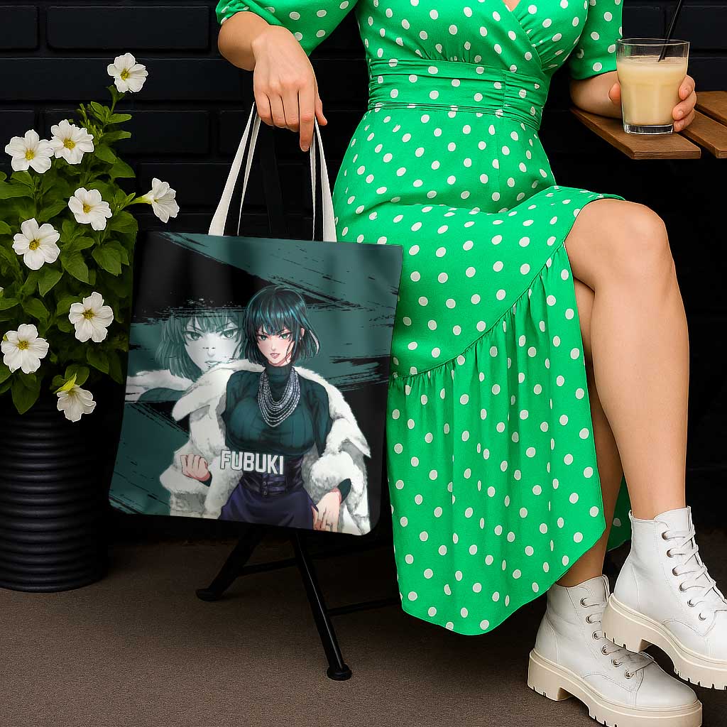 Fubuki One Punch Man Anime Teal and Black Theme Tote Bag with Elegant Psychic Pose and Cool Urban Style - The Mazicc