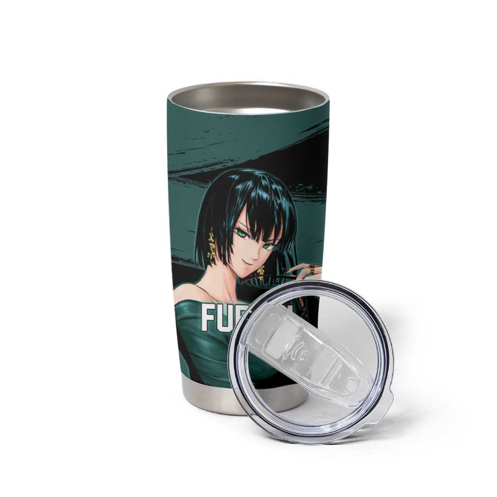 Fubuki One Punch Man Anime Teal and Black Theme Tumbler Cup with Elegant Psychic Pose and Cool Urban Style - The Mazicc