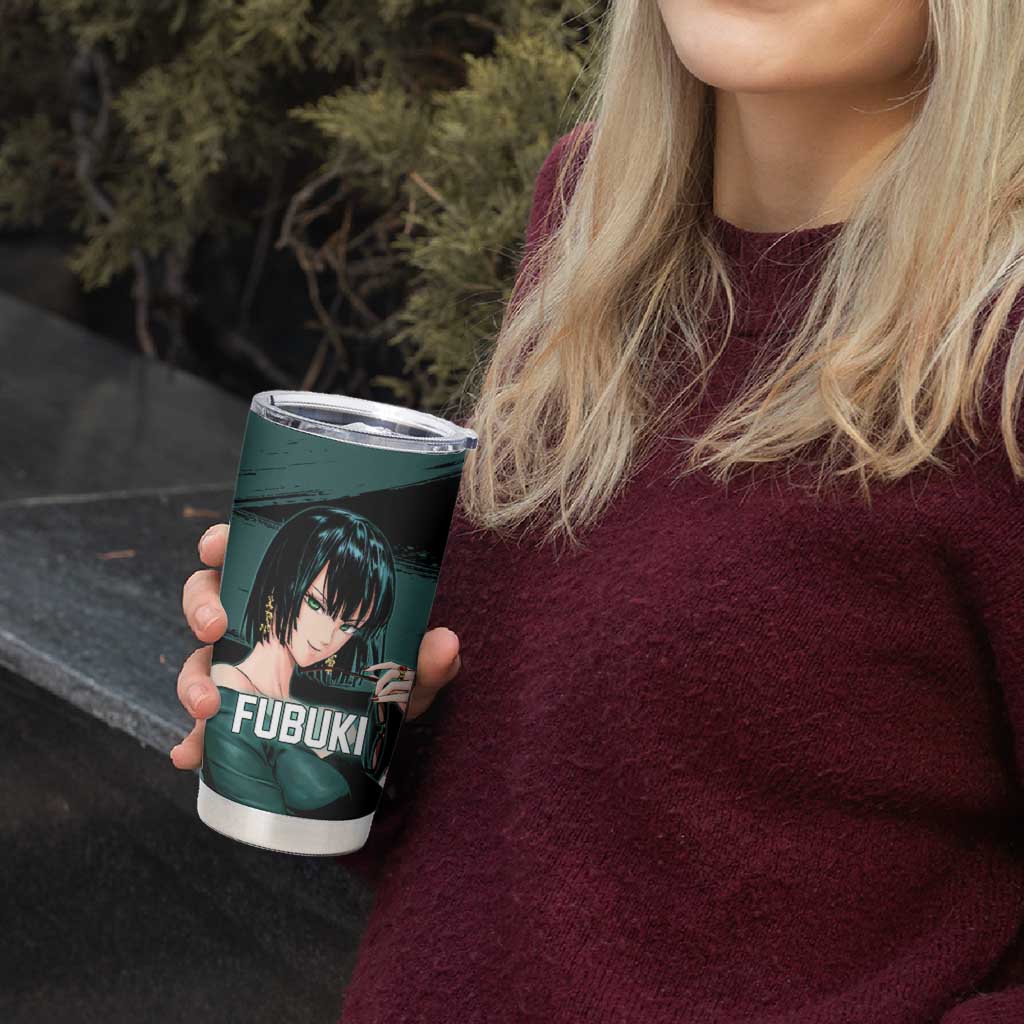 Fubuki One Punch Man Anime Teal and Black Theme Tumbler Cup with Elegant Psychic Pose and Cool Urban Style - The Mazicc