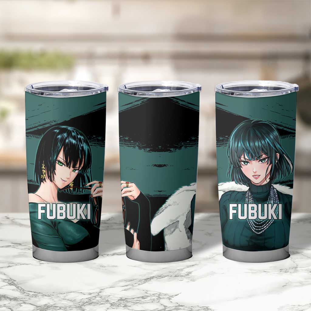 Fubuki One Punch Man Anime Teal and Black Theme Tumbler Cup with Elegant Psychic Pose and Cool Urban Style - The Mazicc