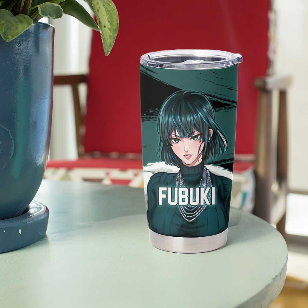 Fubuki One Punch Man Anime Teal and Black Theme Tumbler Cup with Elegant Psychic Pose and Cool Urban Style - The Mazicc