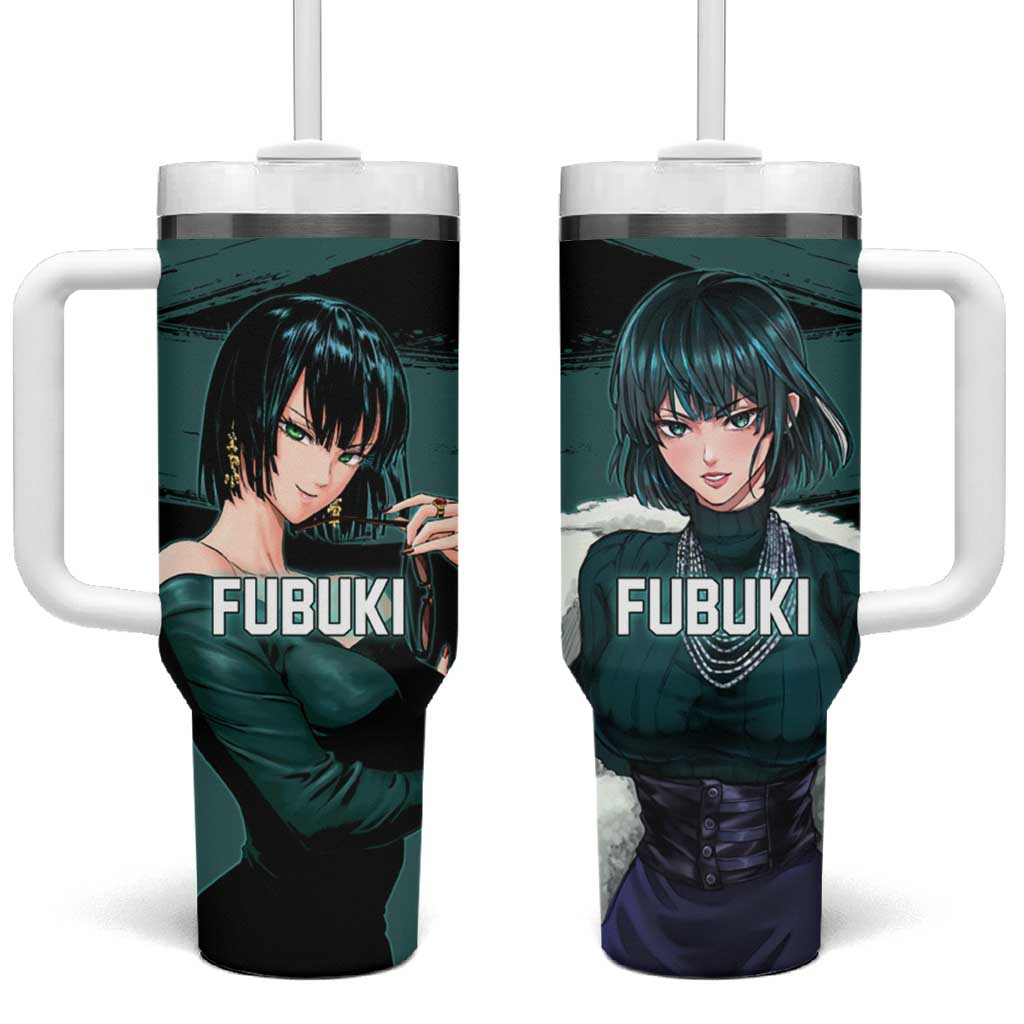 Fubuki One Punch Man Anime Teal and Black Theme Tumbler With Handle with Elegant Psychic Pose and Cool Urban Style - The Mazicc