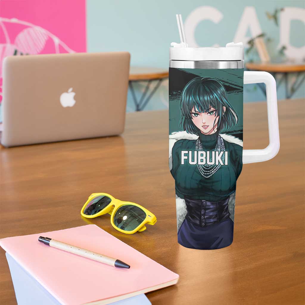 Fubuki One Punch Man Anime Teal and Black Theme Tumbler With Handle with Elegant Psychic Pose and Cool Urban Style - The Mazicc