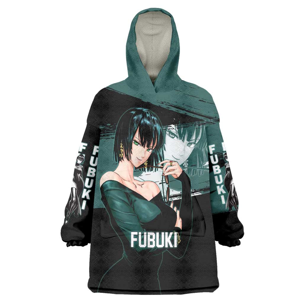 Fubuki One Punch Man Anime Teal and Black Theme Wearable Blanket Hoodie with Elegant Psychic Pose and Cool Urban Style - The Mazicc
