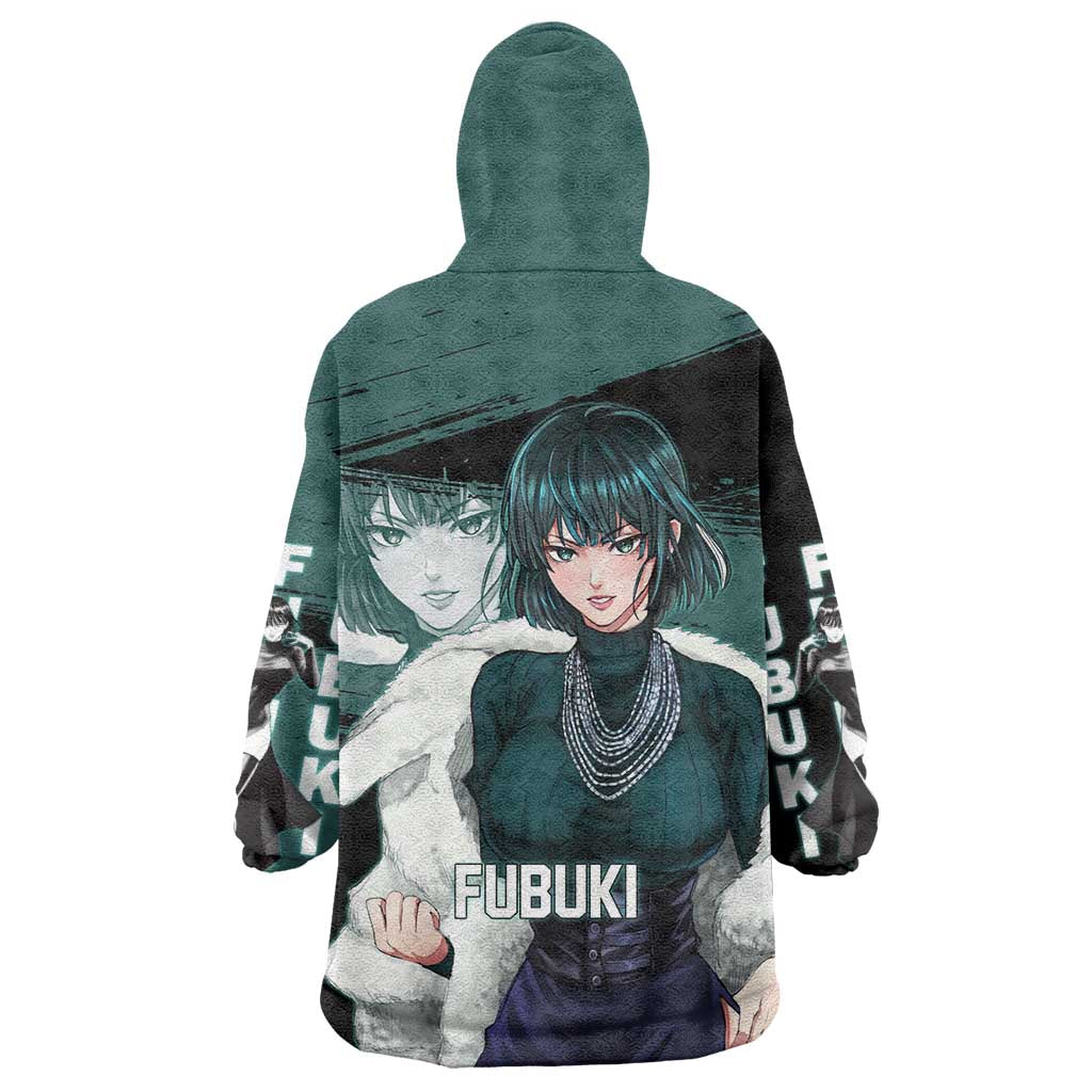 Fubuki One Punch Man Anime Teal and Black Theme Wearable Blanket Hoodie with Elegant Psychic Pose and Cool Urban Style - The Mazicc