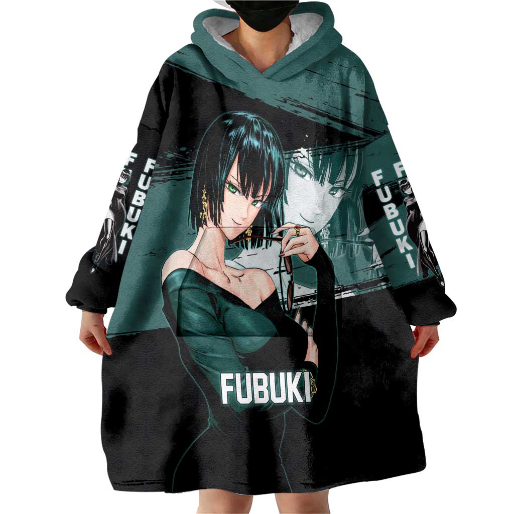 Fubuki One Punch Man Anime Teal and Black Theme Wearable Blanket Hoodie with Elegant Psychic Pose and Cool Urban Style - The Mazicc