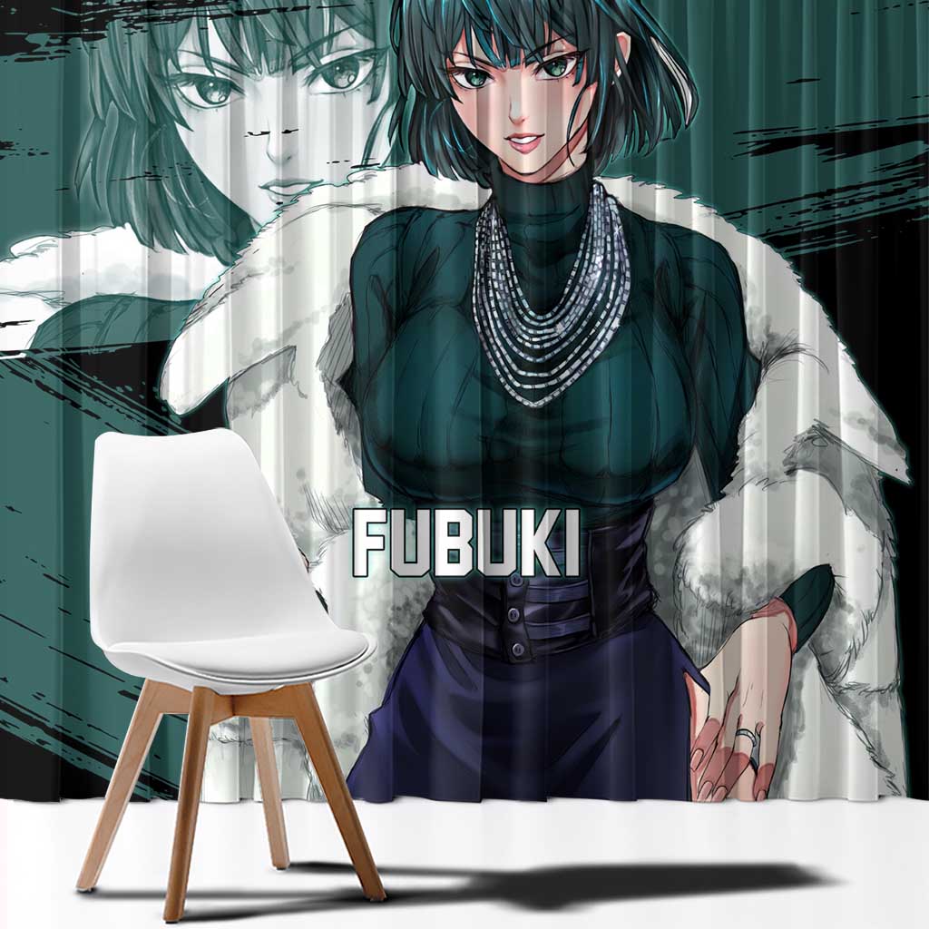 Fubuki One Punch Man Anime Teal and Black Theme Window Curtain with Elegant Psychic Pose and Cool Urban Style - The Mazicc
