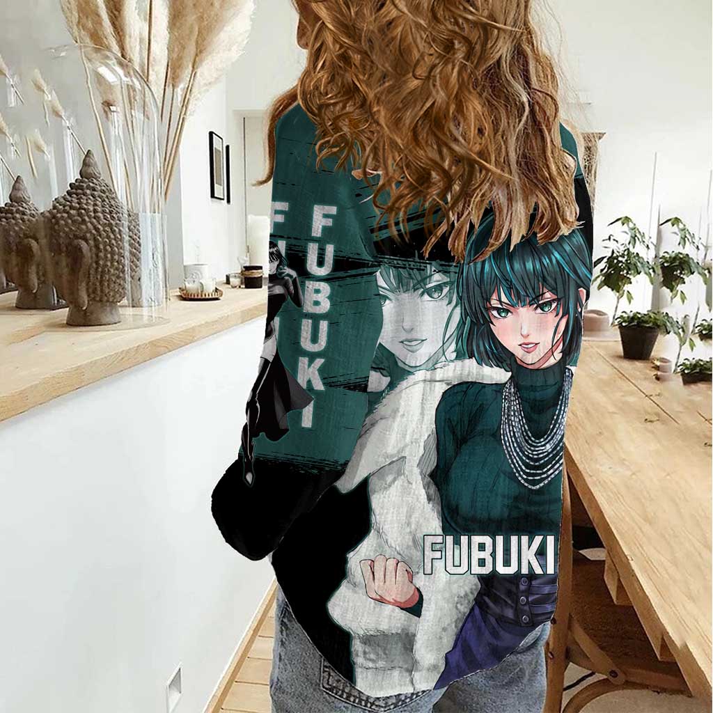Fubuki One Punch Man Anime Teal and Black Theme Women Casual Shirt with Elegant Psychic Pose and Cool Urban Style - The Mazicc