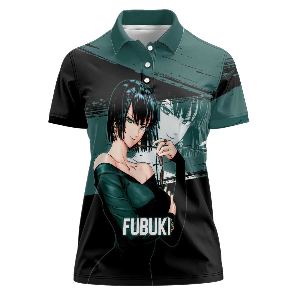 Fubuki One Punch Man Anime Teal and Black Theme Women Polo Shirt with Elegant Psychic Pose and Cool Urban Style - The Mazicc