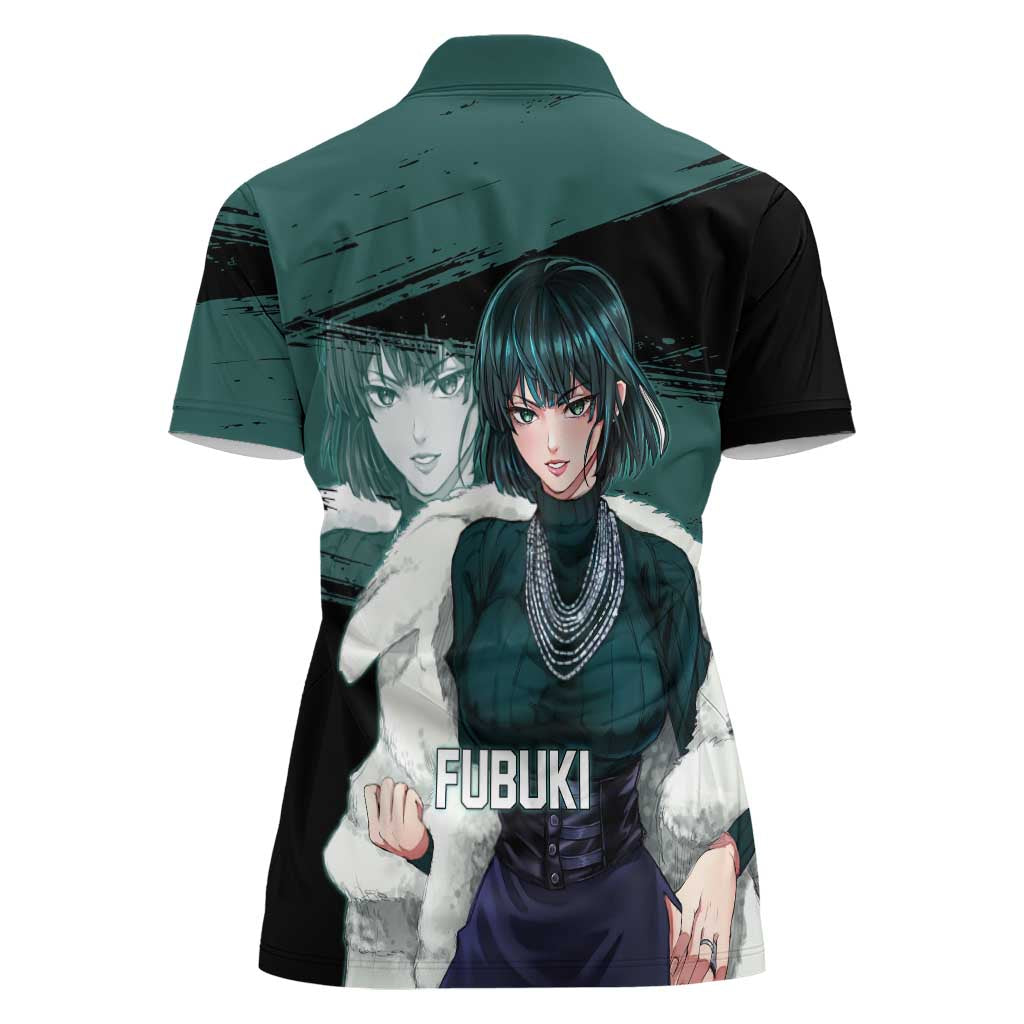 Fubuki One Punch Man Anime Teal and Black Theme Women Polo Shirt with Elegant Psychic Pose and Cool Urban Style - The Mazicc