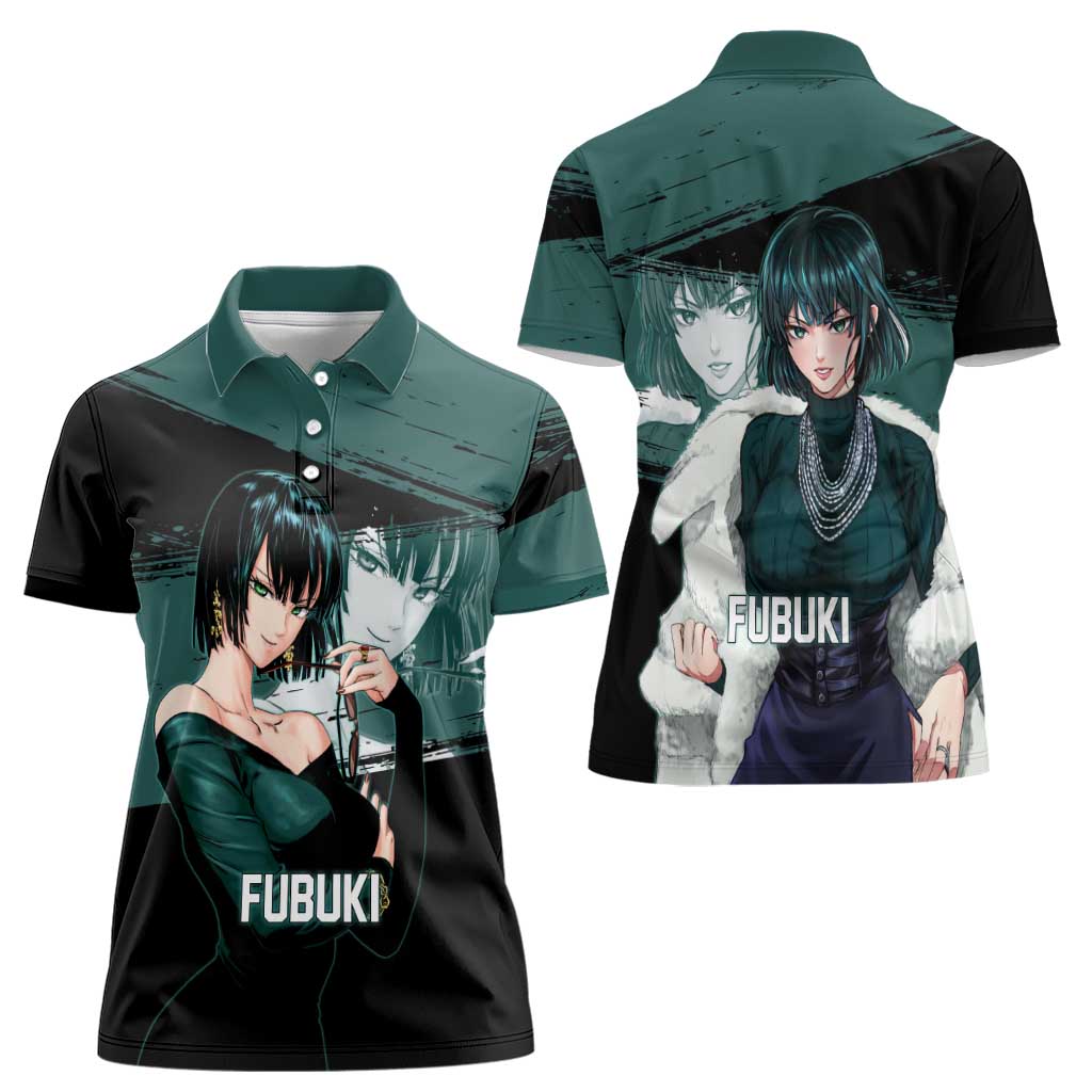Fubuki One Punch Man Anime Teal and Black Theme Women Polo Shirt with Elegant Psychic Pose and Cool Urban Style - The Mazicc