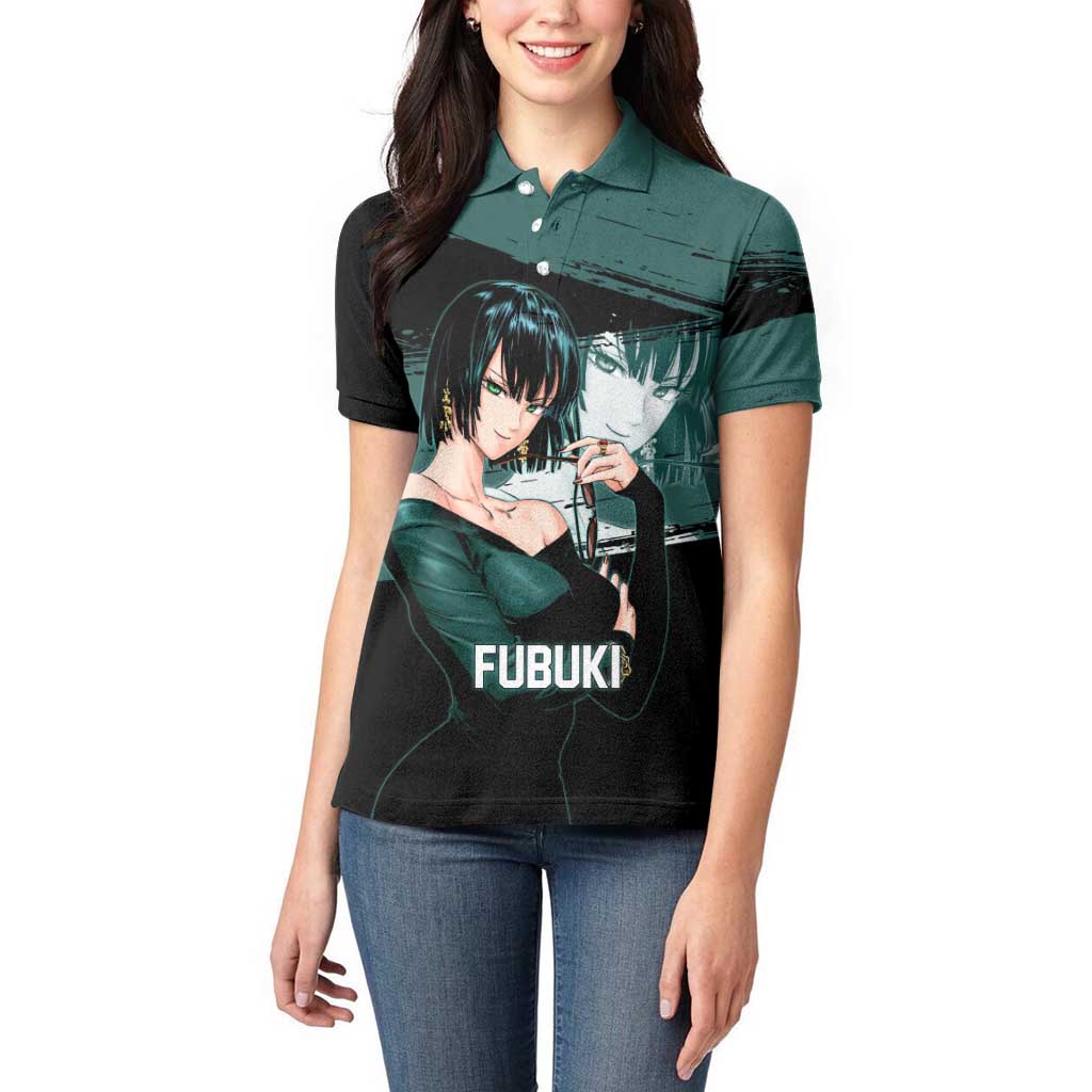Fubuki One Punch Man Anime Teal and Black Theme Women Polo Shirt with Elegant Psychic Pose and Cool Urban Style - The Mazicc