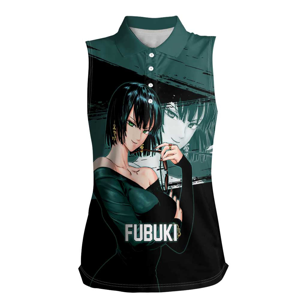 Fubuki One Punch Man Anime Teal and Black Theme Women Sleeveless Polo Shirt with Elegant Psychic Pose and Cool Urban Style - The Mazicc