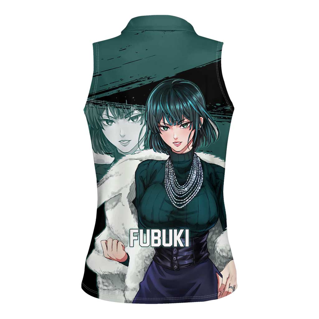 Fubuki One Punch Man Anime Teal and Black Theme Women Sleeveless Polo Shirt with Elegant Psychic Pose and Cool Urban Style - The Mazicc