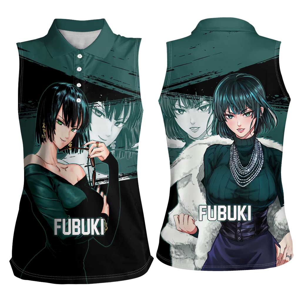 Fubuki One Punch Man Anime Teal and Black Theme Women Sleeveless Polo Shirt with Elegant Psychic Pose and Cool Urban Style - The Mazicc