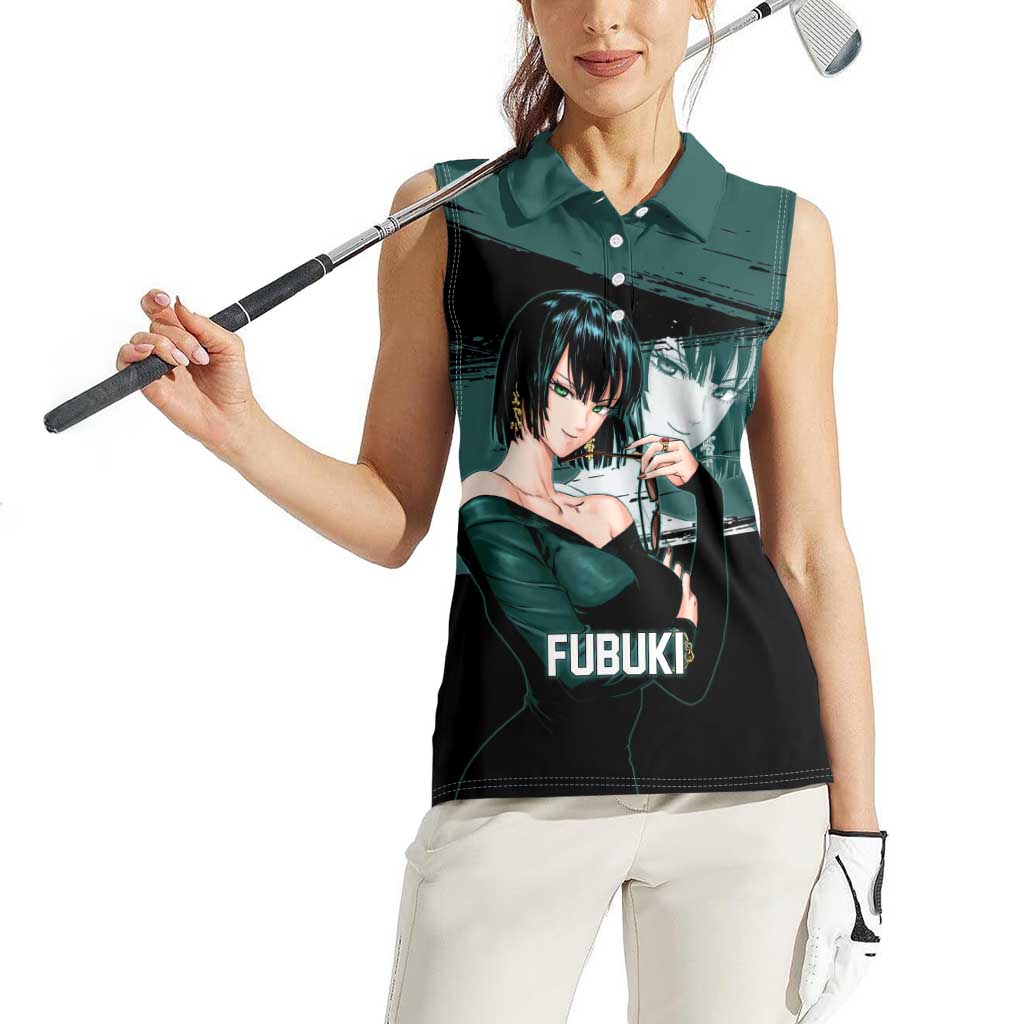 Fubuki One Punch Man Anime Teal and Black Theme Women Sleeveless Polo Shirt with Elegant Psychic Pose and Cool Urban Style - The Mazicc