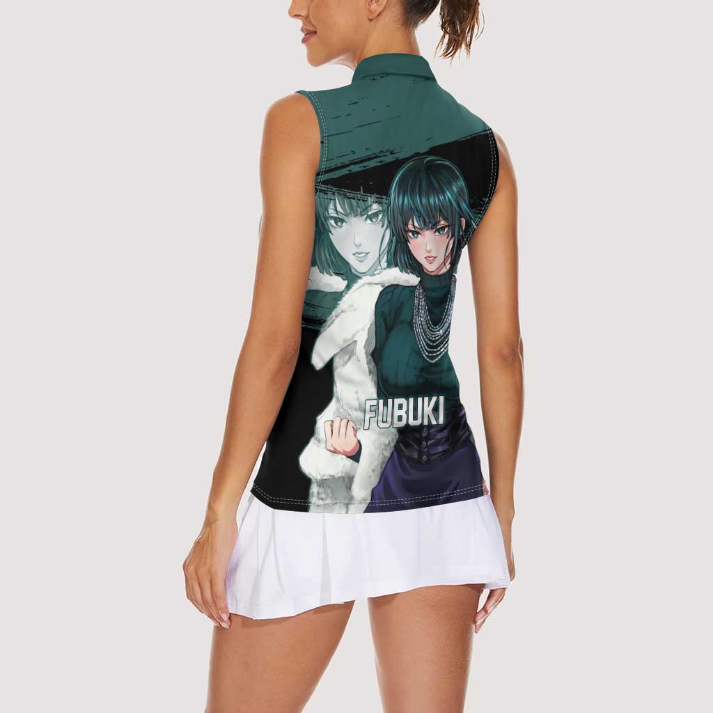 Fubuki One Punch Man Anime Teal and Black Theme Women Sleeveless Polo Shirt with Elegant Psychic Pose and Cool Urban Style - The Mazicc