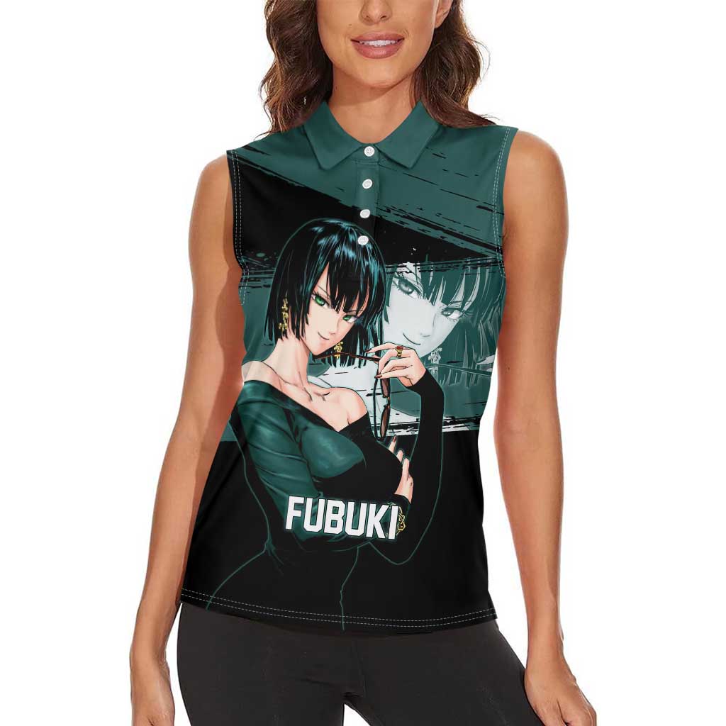 Fubuki One Punch Man Anime Teal and Black Theme Women Sleeveless Polo Shirt with Elegant Psychic Pose and Cool Urban Style - The Mazicc