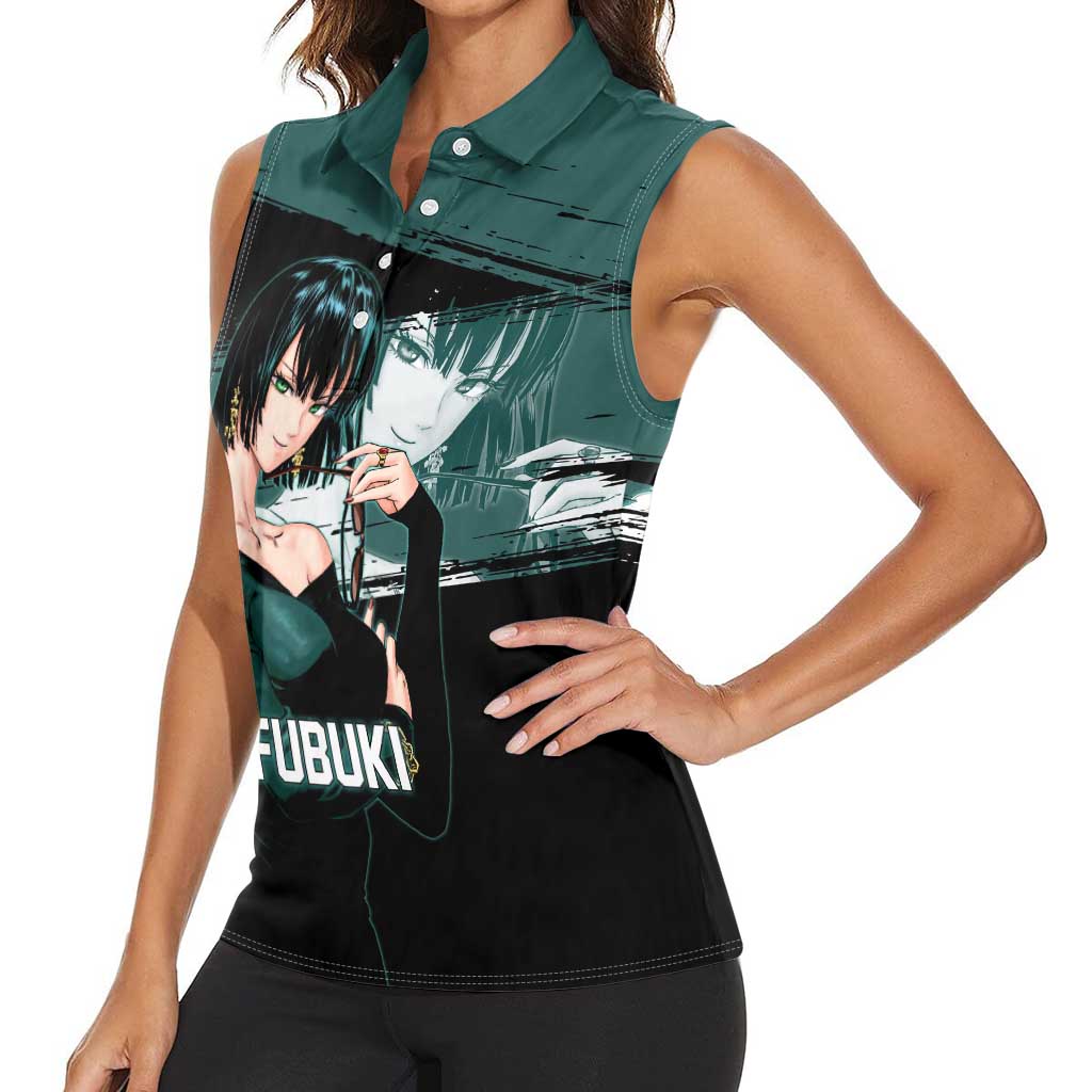 Fubuki One Punch Man Anime Teal and Black Theme Women Sleeveless Polo Shirt with Elegant Psychic Pose and Cool Urban Style - The Mazicc