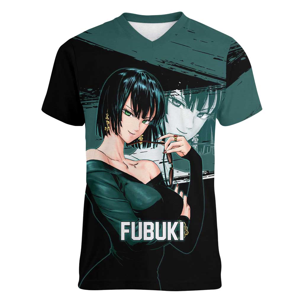 Fubuki One Punch Man Anime Teal and Black Theme Women V-Neck T-Shirt with Elegant Psychic Pose and Cool Urban Style - The Mazicc