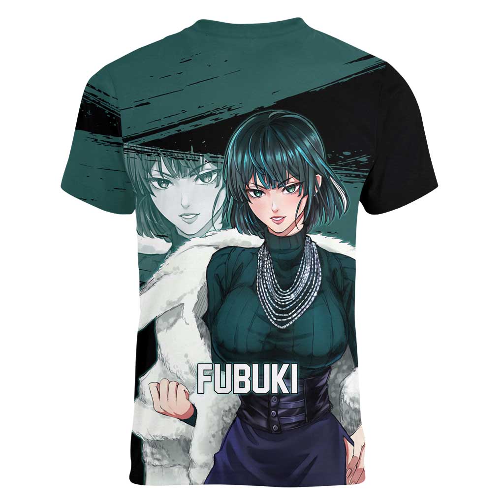 Fubuki One Punch Man Anime Teal and Black Theme Women V-Neck T-Shirt with Elegant Psychic Pose and Cool Urban Style - The Mazicc