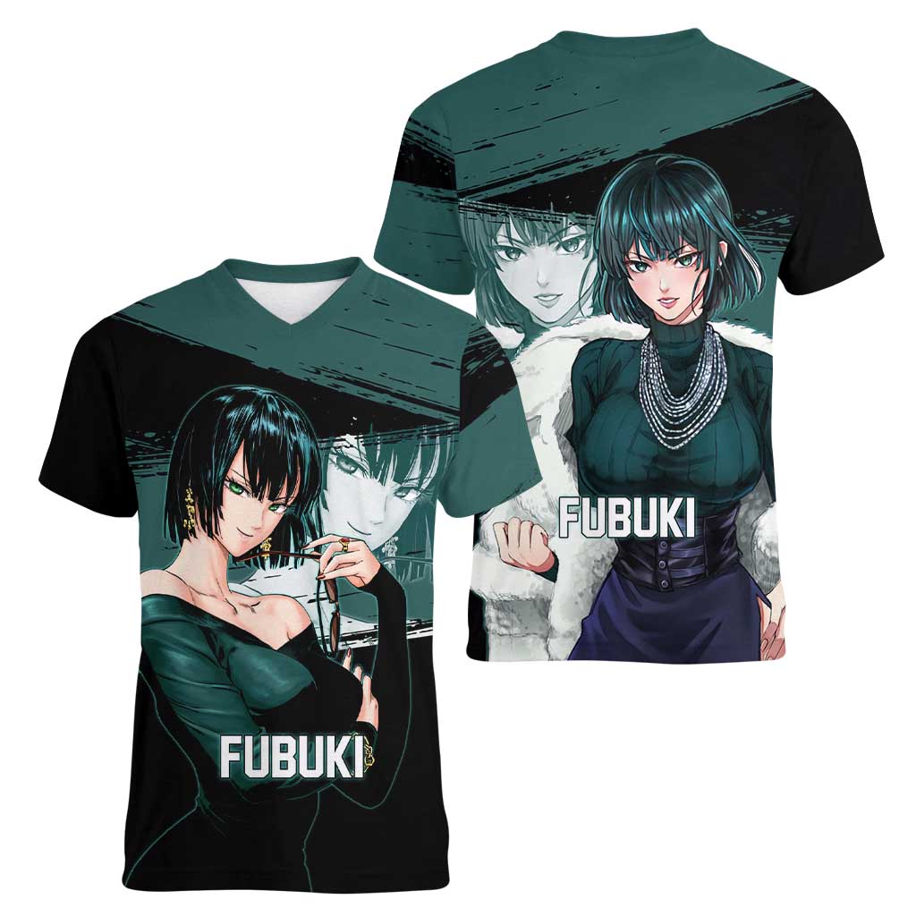 Fubuki One Punch Man Anime Teal and Black Theme Women V-Neck T-Shirt with Elegant Psychic Pose and Cool Urban Style - The Mazicc